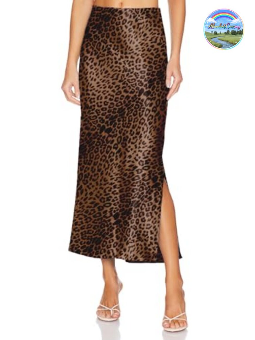 Women's Satin Silk Maxi Slit Skirt Elastic Waistband Leopard Print